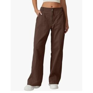 NWT Size Medium QINSEN Women's Zip Front Wide Leg Mid-Rise Casual Pants - Coffee